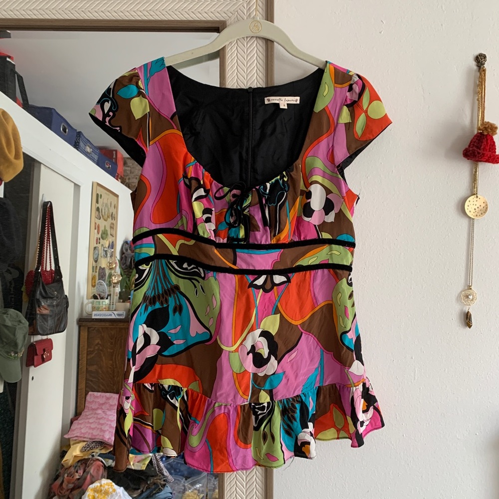 Nanette Lepore Printed Blouse w/ Velvet Trim Size 8